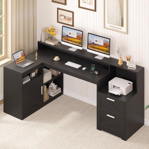 63" Farmhouse L Shaped Desk with Drawers and Printer Stand for Home Office - color: Black