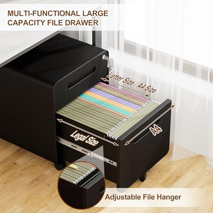 2 Drawer Mobile Low Profile File Cabinet with Lock and 4 Keys | Metal Filing Cabinet for Home Office, Under Desk, Pre-Assembly, File Drawer, Letter/Legal/A4 Hanging File Folders - color: Black, size: 19.1"H*15.7"W-2 Drawers