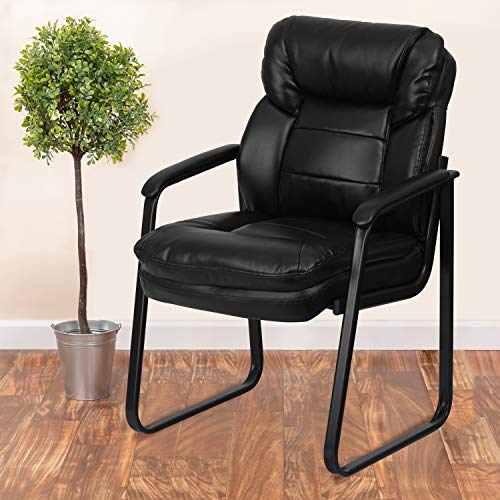 EMMA + OLIVER Black LeatherSoft Side Chair with Lumbar Support and Sled Base - color: Black Leathersoft
