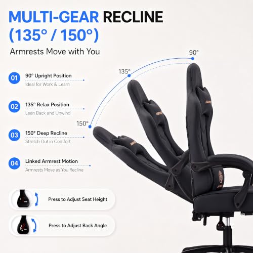 Desk Computer Gaming Chair - High Back Ergonomic Office Chair with Footrest and Lumbar Support, Swivel Comfy Home Gamer Video Game Chairs with Pocket Spring Cushion for Adults (Black Leather) - color: Classic Black Leather