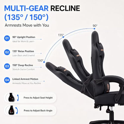 Desk Computer Gaming Chair - High Back Ergonomic Office Chair with Footrest and Lumbar Support, Swivel Comfy Home Gamer Video Game Chairs with Pocket Spring Cushion for Adults (Black Leather) - color: Classic Black Leather