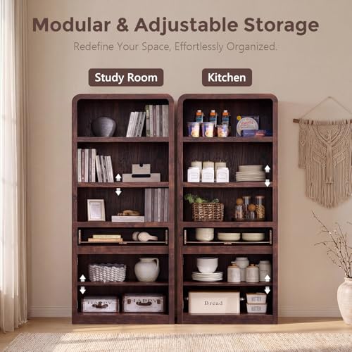 72" Tall Modern Bookshelf with Doors, 5-Tier Large Bookcase w/Drawer, Wooden Storage Cabinet w/Adjustable Shelves, Versatile Book Shelf w/Curved Profile Design for Living Room, Office, Brown - color: Brown