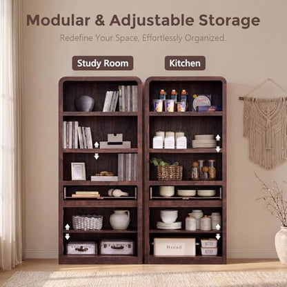 72" Tall Modern Bookshelf with Doors, 5-Tier Large Bookcase w/Drawer, Wooden Storage Cabinet w/Adjustable Shelves, Versatile Book Shelf w/Curved Profile Design for Living Room, Office, Brown - color: Brown