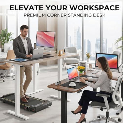 63x5in L Shaped Standing Desk with Outlets & Mouse Pad, Brown - color: Rustic Brown