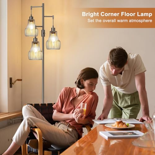 Ziisee Dimmable Floor Lamps for Living Room, Industrial Tree Standing Tall Lamps with 3 Elegant Cage Shade for Bedroom Office - Grey - color: E-Grey
