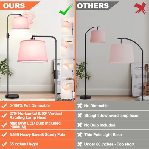 【Upgraded】 Dimmable Floor Lamp, 1000 Lumens LED Edison Bulb Included, Arc Black Floor Lamps for Living Room Modern Standing Lamp with Pink Shade, Tall Lamps for Living Room Bedroom Office Dining Room - color: Matte Black-Pink Shade