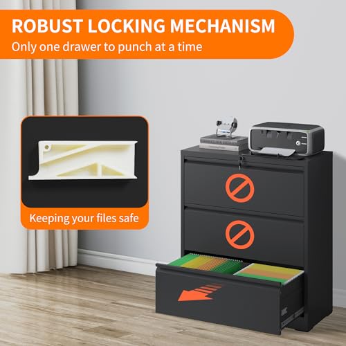 3 Drawer Lateral File Cabinet with Lock,Black Home Office Cabinet | Heavy Duty Large Steel Filing Cabinets Wide Storage Cabinet for Legal/Letter Size File,Assembly Required - size: Lateral-3 drawers
