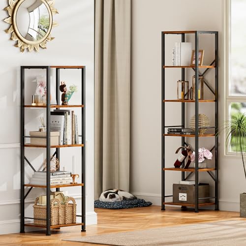 Furologee 5 Tier Book Shelf, Tall Wide Bookshelf, Industrial Open Bookcase, Display Shelves Storage Organizer, Shelving Unit for Living Room, Home Office, Bedroom, Rustic Brown | 20'' Wide Industrial Storage Shelves with X Crossbar, Shelving Units for Bed