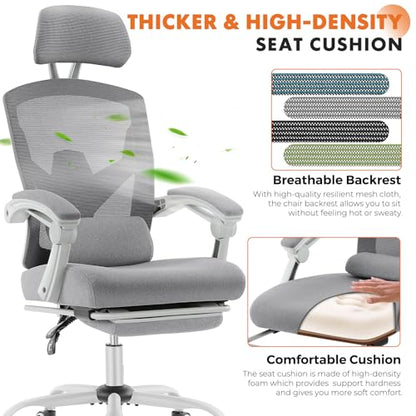 Sweetcrispy Ergonomic Office Chair, Computer Desk Chair with Lumbar Support | Adjustable Footrest, High-Back Mesh, 360° Rolling Swivel Work, Comfy Arms for Home Bedroom, Light Grey - color: Light Grey