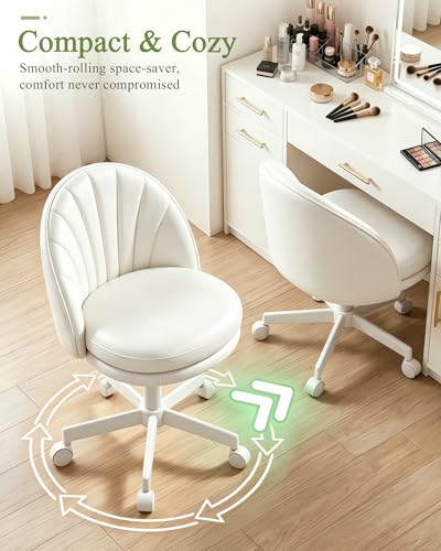 GTPOFFICE Vanity Chair with Back, Adjustable Tall Office Chair High Swivel Bar Stools Fluffy Cute Desk Chair Comfy with Wheels Armlees Counter Height for Adults Standing Desk Bar, Smooth Pu, White - color: Pu-white