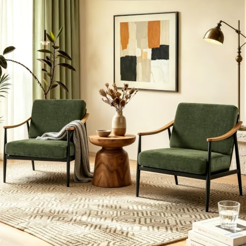 RNKSFX Modern Accent Chairs Set of 2 for Living Room Bedroom Mid Century Arm Chairs Upholstered Office Accent Chairs Comfy Waiting Room Chairs with Metal Frame, Olive Green - color: Olive Green