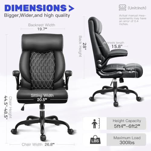High Back Executive Office Chair - Ergonomic Computer Desk with Rocking Function, Leather Managerial with Adjustable Flip-Up Armrests and Lumbar Support - color: Black, style: Without Footrest