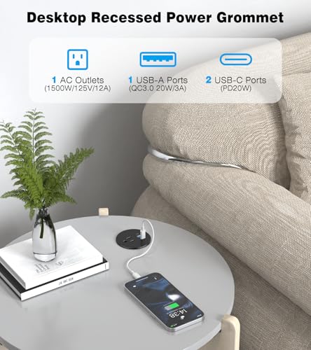 Recessed Power Strip-2 Pack Desk Grommet Power Strip, 2.5 inch Desktop with 20W Fast Charging USB-C Port (Black, 10FT) - color: Black, size: 10FT-2PS