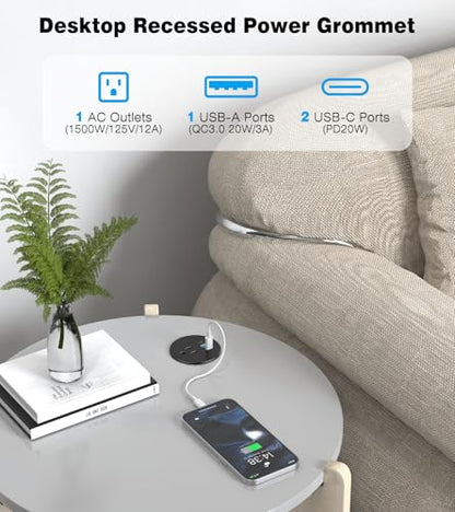 Recessed Power Strip-2 Pack Desk Grommet Power Strip, 2.5 inch Desktop with 20W Fast Charging USB-C Port (Black, 10FT) - color: Black, size: 10FT-2PS