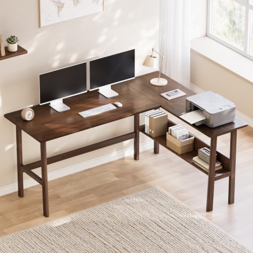 NELYE 63" Reversible L Shaped Desk with Shelf for Home Office, Walnut | Fits Corner Spaces, Trapezoid Oak Legs & Reinforced Corners Reduce Wobble, Holds 330 Lbs, Suitable for Working and Studying - color: Walnut, size: 63 inches
