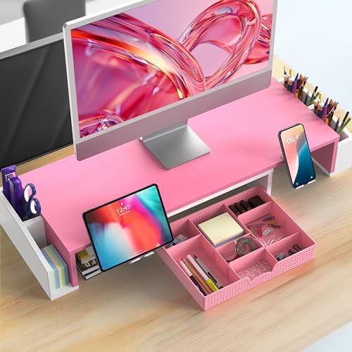 Simple Houseware Desk Dual Monitor Stand Riser with Drawer, Pink - color: Pink