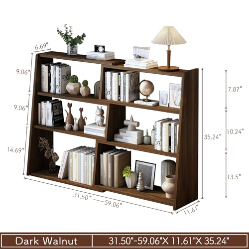 IOTXY Wooden Extendable Shelf Bookcase, 3-Tier Low Bookshelf, Walnut, L | Adjustable Two-piece Design, 6 Open Cubbies, Extends 31.5"-59.1" for Straight Walls, Corners, and Small Spaces - color: Walnut, size: Large