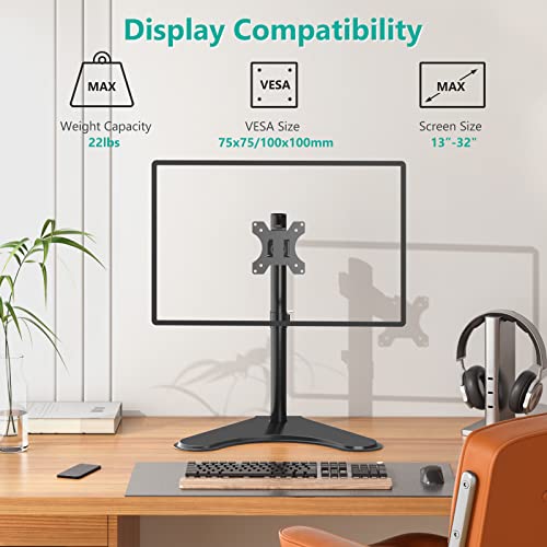 WALI Freestanding Vesa Monitor Stand for 13-32 inch Screens, up to 22 lbs | Single Monitor Stand for Desk, Full Motion with Height Adjustment, Tilt, Swivel, Rotation, VESA 75/100mm (MF001), Black - size: Single, style: Free-Standing