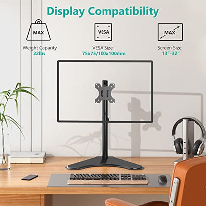WALI Freestanding Vesa Monitor Stand for 13-32 inch Screens, up to 22 lbs | Single Monitor Stand for Desk, Full Motion with Height Adjustment, Tilt, Swivel, Rotation, VESA 75/100mm (MF001), Black - size: Single, style: Free-Standing