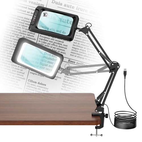 MoKo 10X Magnifying Glass with Light, 7-Inch Clamp Lamp | Desk magnifying glass with light has a swing arm, metal clamp, 60 LEDs, 5 color modes and 4 brightness levels. - color: Black Without Base