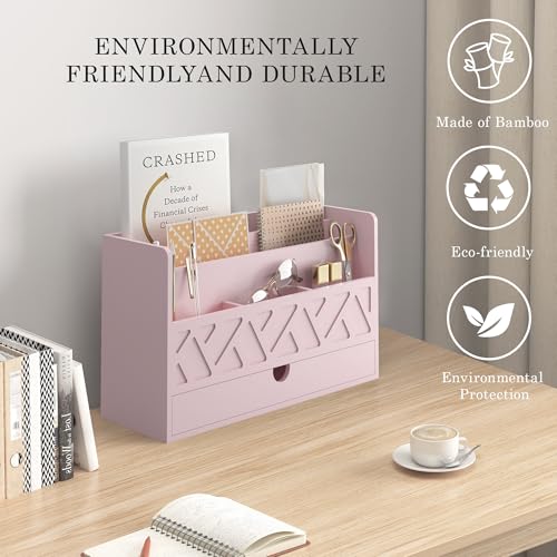 Wisuce Bamboo Mail Organizer with Drawer, Countertop Desk Organizer (Pink) | Made from Natural Bamboo Multi-Compartment Design Built-In Drawer No Assembly Required - color: Pink