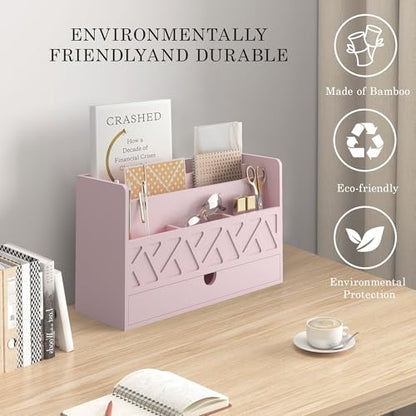 Wisuce Bamboo Mail Organizer with Drawer, Countertop Desk Organizer (Pink) | Made from Natural Bamboo Multi-Compartment Design Built-In Drawer No Assembly Required - color: Pink