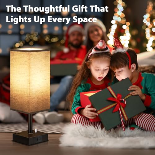 Black Bedside Table Lamps Set of 2 - Dimmable, USB C+A, 2 AC Outlets | Stepless Dimmable by Rotary Knob, 3000K LED Bulbs Included, Square Black Linen Shade, Nightstand Lamp for Living Room, Desk - color: Black