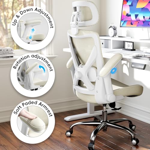 Ergonomic Office Chair:Home Office Desk Chairs with Headrest Lumbar Support | Ergalithic Ergonomic Desk Chair X-Shaped Mesh PU Leather Executive Computer Chair High Back Flip-Up Arms for Long Hour - color: Beige