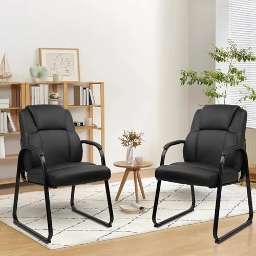 CLATINA Leather Guest Chair with Padded Arm Rest for Reception Meeting Conference and Waiting Room Side Office Home Black with Sled Base 2 Pack - color: Black-seldbase, size: 2 Pack