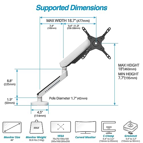 AVLT Single 27”-45” RGB Gaming Monitor Arm Desk Mount - White | 20 Lighting Modes Touch Button Control Fits Flat/Curved/Ultrawide Screens Height Swivel Tilt Rotation Adjustable Stand - color: White - Single