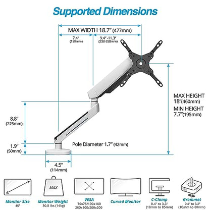 AVLT Single 27”-45” RGB Gaming Monitor Arm Desk Mount - White | 20 Lighting Modes Touch Button Control Fits Flat/Curved/Ultrawide Screens Height Swivel Tilt Rotation Adjustable Stand - color: White - Single
