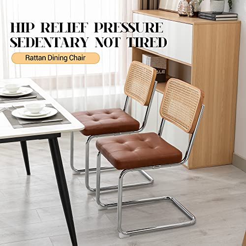 KCC Modern Dining Chairs Set of 2, Faux Leather Rattan Chair,Brown | Mid Century Kitchen Side Chairs with Metal Legs and Upholstered Seat for Dining Room,Living Room,Bedroom - color: Brown, size: Set of 2