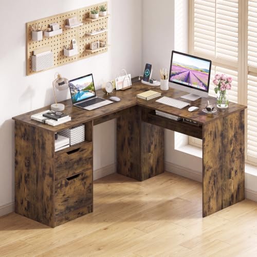 Tangkula 59" L-Shaped Executive Desk w/Power Outlets (Rustic Brown) - color: Rustic Brown