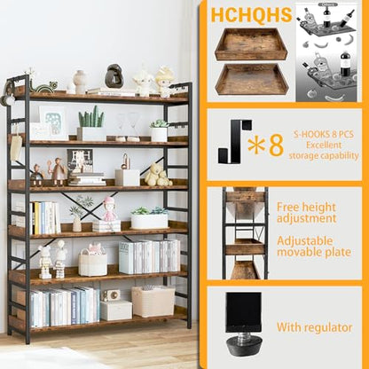 HCHQHS 6 Tier Bookshelf, Adjustable Industrial Bookcase, Vertical Tall Book Shelf, Wood and Black Metal Open Bookshelves for Home Office, Living Room, Bedroom - color: Rustic Brown, size: 6-Tier (47"W x 70"H)