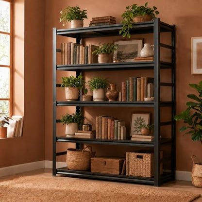 5 Tier Metal Book Shelf, Adjustable Tall Bookcase with Anti-Drop Fence | 72"H Heavy Duty 3000LBS Modern Deep Bookshelf, Bolt-Free Storage Shelves for Living Room, Home Office, Garage - size: Upgraded-36"W x 16"D x 72"H