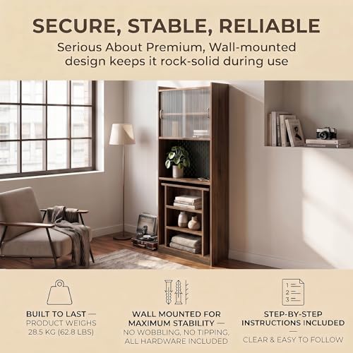 Folding Desk with Storage, Fold Out Desk Space-Saving Workstation, Wall Mounted & Foldable Design for Home Office, Bedroom, Dorm, Includes Shelves, Pegboard & Sliding Glass Doors, Walnut