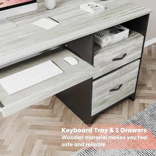 Bestier Office Desk with Drawers, 55 inch Industrial Computer Desk with Storage, Wood Teacher Desk with Keyboard Tray & File Drawer for Home Office, Wash White - color: Wash White