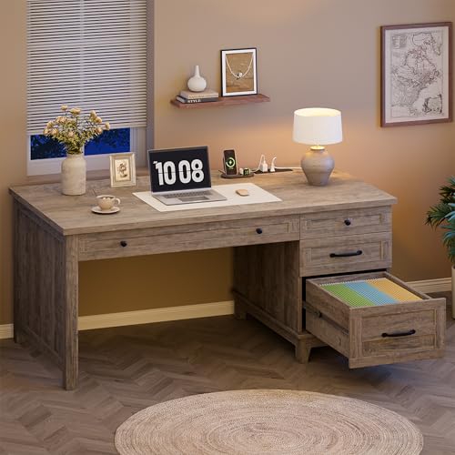 GarveeHome Farmhouse Executive Desk with Drawers, 53.54 in Home Office Desk with Charging Station, Wooden Computer Desk with File Cabinet Storage for Work Study Writing, Rustic Gray - color: Rustic Gray