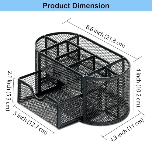 Desk Organizer Stationery Storage, Pencil Holder for Desk, Wire Mesh Office Supplies Desk Accessories Workspace Organizers with 9 Compartments and Mini Drawer (Black) - style: 9 Compartments