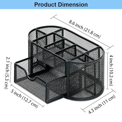 Desk Organizer Stationery Storage, Pencil Holder for Desk, Wire Mesh Office Supplies Desk Accessories Workspace Organizers with 9 Compartments and Mini Drawer (Black) - style: 9 Compartments