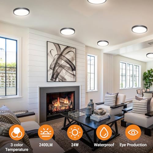 slochi 3Pack LED Flush Mount Ceiling Light Fixture, 9 Inch Light Fixture, 3000K-4000K-6500K Round Flat Bedroom Lights, Closet Round Surface for Bathroom Laundry Bedroom Hallway - color: Black, size: 9Inch-3Pack