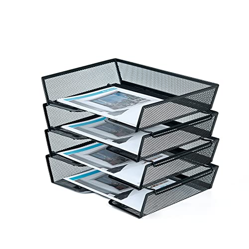SETTFRFE 4 Tier Metal Letter Tray Desk Organizer-Stackable Paper Tray,Black | Desk Tray Organizer with Reinforced Edges,Stackable File Trays Organizers and Storage System for Office,School,Home
