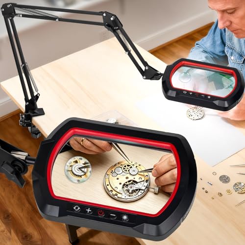 12X 30X Square Magnifying Glass with Light and Clamp | 3-Section Swing Arm Workbench Magnifier Light, 5 Colors Stepless Dimming LED Desk Lamp with Stand for Painting Reading Crafts - color: Red, size: 12X 30X