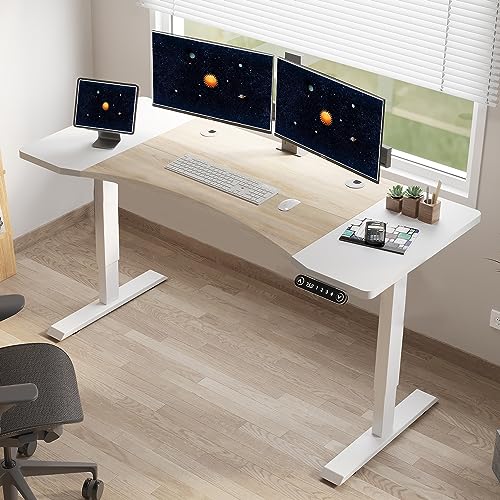63 Inch Dual Motor Electric Standing Desk, Height Adjustable Sit Stand Desk with Memory Control and Spacious Desktop for Home Office - color: Oak+white, size: 63 x 30'' (Rectangular, Dual Motor)