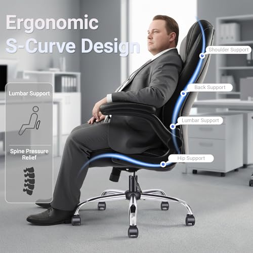 Big and Tall Office Chair for Heavy People, 400LBS High Back Extra Wide Executive PU Leather Office Chair with Flip-Up Armrests, Smooth Caster Wheels, Comfortable Home Office Desk Chair (Black) - color: Black - Rubber Wheels