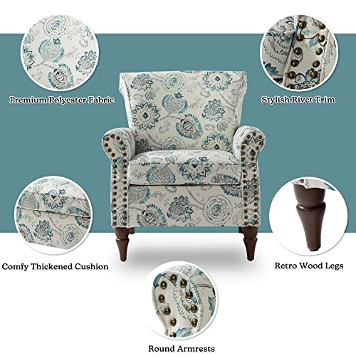 HULALA HOME Traditional Floral Accent Chair with Solid Wood Legs, Medallion | Comfy Upholstered Armchair Reading Chair with Rolled Armrests, Nailhead Trim, Removable Cushion, for Living Room Bedroom - color: Medallion