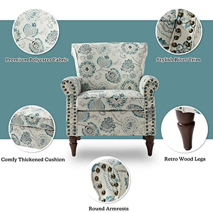 HULALA HOME Traditional Floral Accent Chair with Solid Wood Legs, Medallion | Comfy Upholstered Armchair Reading Chair with Rolled Armrests, Nailhead Trim, Removable Cushion, for Living Room Bedroom - color: Medallion