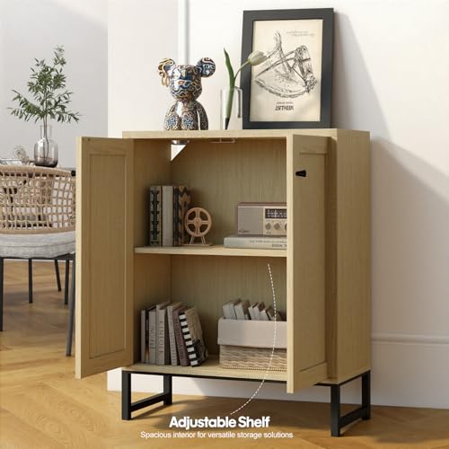 Panana Rattan Decorated 2 Doors Storage Cabinet Accent Cabinet Living Room Cupboard Kitchen Sideboard Buffet Table (Natural)