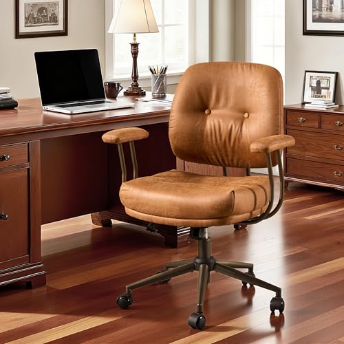 Leather Home Office Chair, Mid Back Ergonomic Desk Chair with Lumbar Support, Mid Century Modern Deep Seat Swivel Rocking Computer Chair, Brown - color: Brown,suede Fabric, size: Big Mid Back