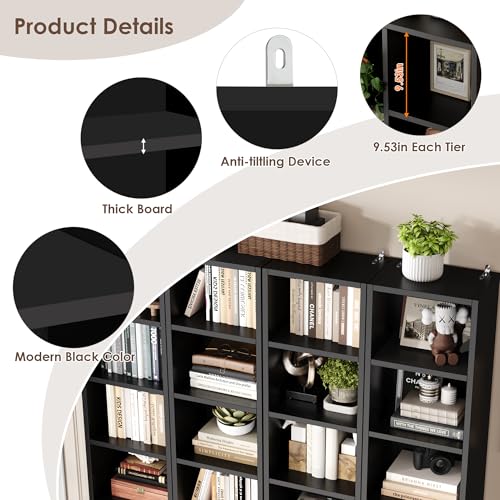 FOTOSOK Bookshelf Bookcase 8-Tier Narrow Bookshelf Tall CD Media Tower Rack | 11.6 X 9.3 X 70.9 Black Bookshelf, Tall Narrow Slim Skinny Display Bookcase with Cube Storage and 4 Adjustable Shelves - color: Black